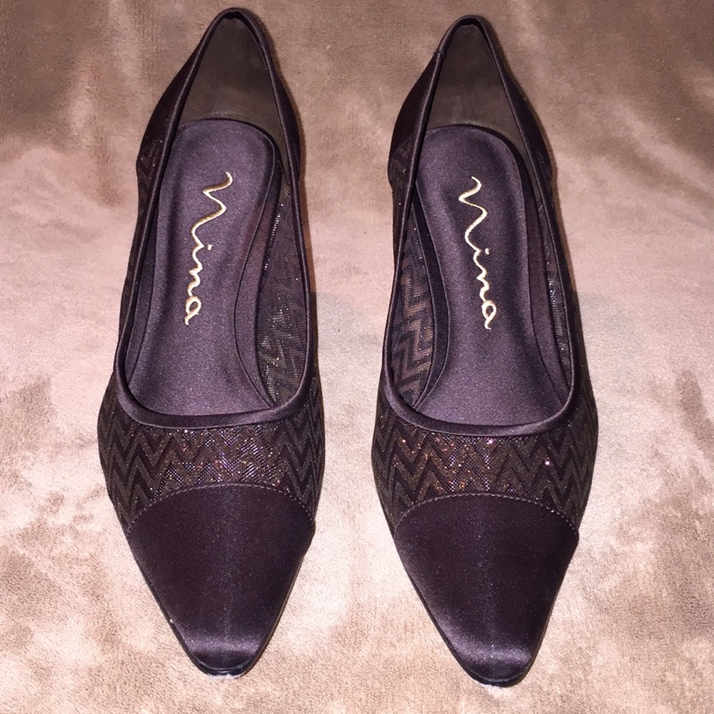 Nina Sz 7.5M Brwn/bronze fabric 2.75” heels
